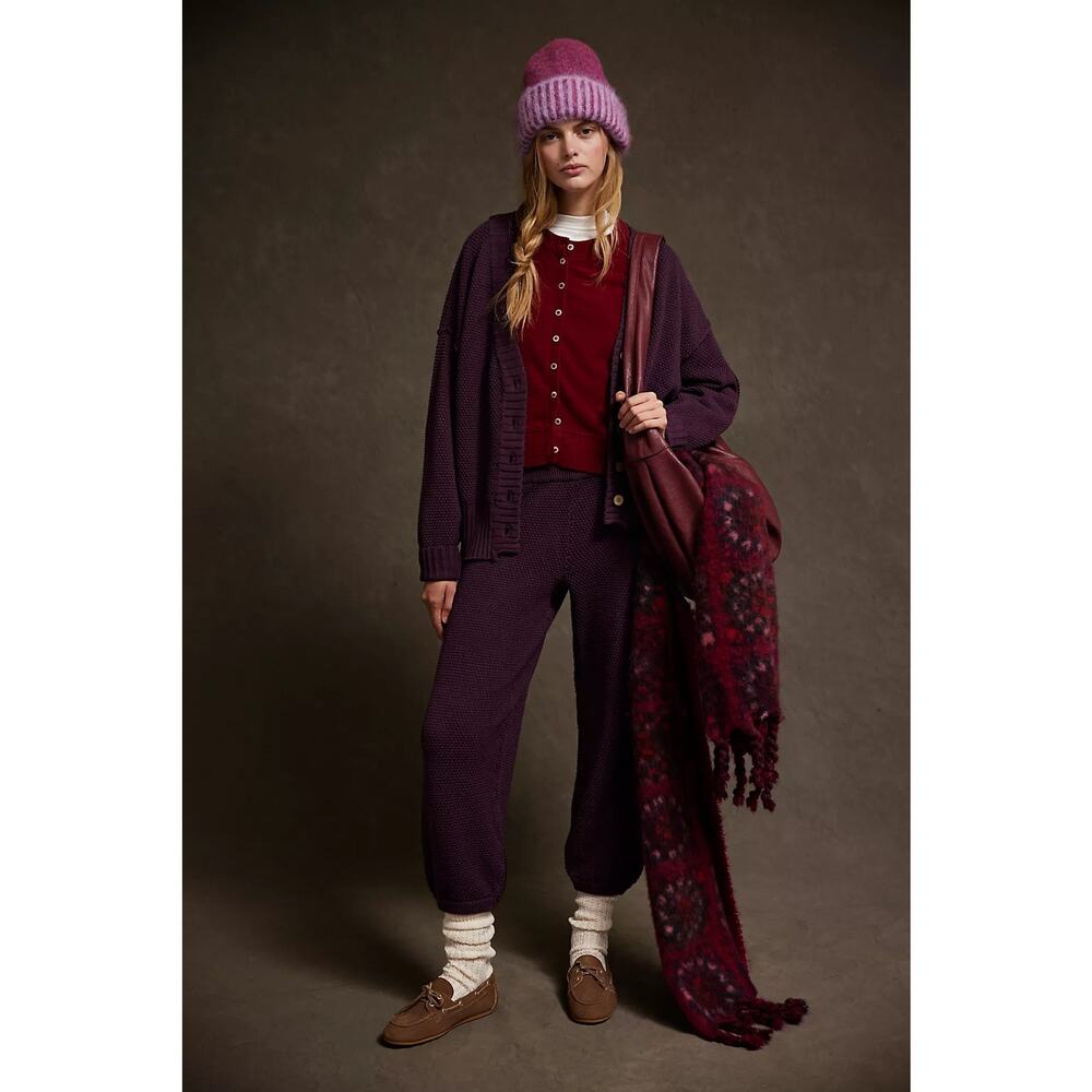 Free People Hailee Cardi Set Knit Preppy Loungewear in Vintage Wine Casual- Sz L